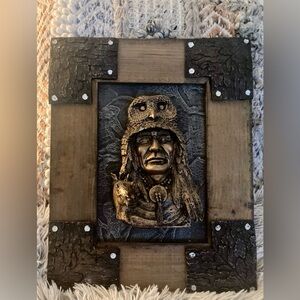 VTG 3D Native American Chief W Horse Wearing Owl Headdress Wall Art Primitive